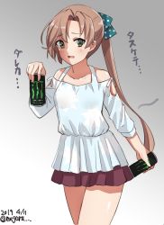 Rule 34 | 1girl, akigumo (kancolle), alternate costume, blouse, blue shirt, bow, brown hair, brown skirt, can, casual, cloud print, commentary request, cowboy shot, dated, drink can, gradient background, green bow, green eyes, grey background, hair ribbon, highres, kantai collection, long hair, looking at viewer, meguru (megurunn), monster energy, one-hour drawing challenge, pleated skirt, polka dot, polka dot bow, ponytail, ribbon, shirt, skirt, soda can, solo, translated, twitter username, white background