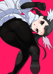 Rule 34 | 1girl, :o, ass, ass focus, asymmetrical hair, bent over, bird girl, bird tail, bird wings, black-headed ibis (kemono friends), black gloves, black hair, black pantyhose, black ribbon, blouse, blunt bangs, braid, brown eyes, clenched hands, dot nose, eyelashes, feathered wings, foot out of frame, frilled sleeves, frills, from behind, from below, from side, fur collar, gloves, hair pulled back, hands up, head wings, highres, kemono friends, kemono friends 3, leg up, long hair, long sleeves, looking at viewer, looking back, looking down, looking to the side, low twintails, miniskirt, neck ribbon, panties, panties under pantyhose, pantyhose, pantyshot, parted bangs, parted lips, pink background, pleated skirt, ribbon, rinx, shirt, shoe soles, simple background, single sidelock, skirt, solo, standing, standing on one leg, tail, thighs, tsurime, twin braids, twintails, underwear, upskirt, w arms, white shirt, white skirt, wide sleeves, wings