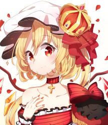 Rule 34 | 1girl, alternate costume, ametama (runarunaruta5656), blonde hair, blush, bow, breasts, choker, collarbone, commentary, cross, cross necklace, crown, crystal, dress, flandre scarlet, frilled dress, frilled sleeves, frills, hair between eyes, hat, highres, jewelry, looking at viewer, medium hair, mob cap, nail polish, necklace, off-shoulder dress, off shoulder, one side up, petals, puffy sleeves, red bow, red choker, red dress, red eyes, red nails, ribbon, smile, solo, symbol-only commentary, touhou, upper body, white background, white hat, wings