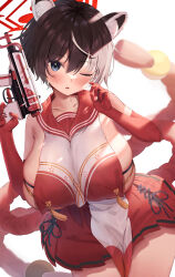 Rule 34 | 1girl, ;o, absurdres, animal ears, bare shoulders, black eyes, black hair, blue archive, blush, breast curtain, breasts, collarbone, cowboy shot, crop top, crop top overhang, elbow gloves, gloves, gun, hair between eyes, halo, hand on own face, handgun, hands up, highres, hip vent, holding, holding gun, holding weapon, large breasts, looking at viewer, miniskirt, one eye closed, open mouth, raccoon ears, red gloves, red sailor collar, red skirt, revealing clothes, rope, rope belt, sailor collar, shimenawa, short hair, sideboob, sideless outfit, simple background, skindentation, skirt, solo, standing, tabard, tassel, thighs, trigger discipline, tsubaki (blue archive), two-tone shirt, underboob, weapon, white background, wide hips, yuk (pakyaru)