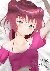 Rule 34 | 1girl, absurdres, aqua eyes, artist name, artist request, blush, breasts, caffeine2133, collarbone, female focus, green eyes, hair between eyes, highres, kafein (caffeine2133), kurosawa ruby, on side, love live!, love live! school idol festival, love live! sunshine!!, parted lips, pink shirt, red hair, shirt, short hair, small breasts, smile, solo, twintails, two side up