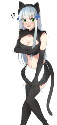 Rule 34 | !?, 1girl, absurdres, alternate costume, animal ears, apron, bare shoulders, black gloves, black shirt, black skirt, black thighhighs, blunt bangs, blush, breasts, cat ears, cat tail, cleavage, cleavage cutout, clothes pull, clothing cutout, collarbone, commentary request, covering privates, covering breasts, covering crotch, cowboy shot, crop top, cross hair ornament, elbow gloves, embarrassed, enmaided, facial mark, fake animal ears, fake tail, frilled apron, frilled shirt, frilled shirt collar, frilled skirt, frills, girls&#039; frontline, gloves, green eyes, groin, hair ornament, highres, hk416 (girls&#039; frontline), knees together feet apart, kurotane, large breasts, long hair, looking at viewer, maid, maid apron, maid headdress, midriff, navel, nose blush, open mouth, shirt, sidelocks, silver hair, simple background, skirt, skirt pull, sleeveless, sleeveless shirt, solo, standing, sweat, tail, teardrop, tearing up, thighhighs, trembling, waist apron, wavy mouth, white background, zettai ryouiki