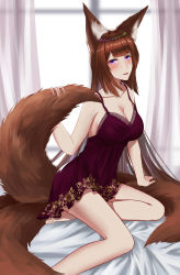 Rule 34 | 1girl, absurdres, amagi (azur lane), animal ears, azur lane, blunt bangs, blush, breasts, brown hair, cleavage, collarbone, curtains, dress, fox ears, fox girl, fox tail, frozen-sad, highres, large breasts, lingerie, long hair, looking at viewer, multiple tails, nightgown, on bed, purple dress, purple eyes, purple nightgown, short eyebrows, sitting, solo, tail, underwear, very long hair, window