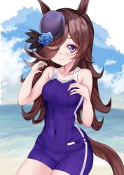 Rule 34 | 1girl, animal ears, bare arms, bare shoulders, black hat, blue flower, blue hat, blue rose, blush, breasts, brown hair, closed mouth, collarbone, colored eyelashes, commentary request, covered navel, day, flower, hair over one eye, hands up, hat, hat flower, highres, horse ears, horse girl, horse tail, long hair, looking at viewer, one-piece swimsuit, purple eyes, purple one-piece swimsuit, rice shower (umamusume), rose, setu (shining12), small breasts, solo, split mouth, swimsuit, tail, thighs, tilted headwear, umamusume, very long hair