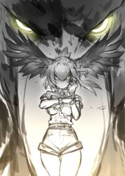 Rule 34 | 10s, 1girl, adjusting clothes, adjusting gloves, angry, bird, collared shirt, commentary request, cowboy shot, feathers, fingerless gloves, floating hair, gloves, glowing, glowing eye, guchico, hair between eyes, hair wings, head wings, highres, kemono friends, looking at viewer, monochrome, necktie, pantyhose, shirt, shoebill, shoebill (kemono friends), short hair, shorts, sketch, solo, staring, wings, zoom layer