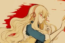 Rule 34 | 1girl, aaniko, ambiguous red liquid, apron, blonde hair, blue dress, collared dress, dress, hair ribbon, hairband, kagerou project, kozakura marry, long hair, lying, mekakucity actors, on ground, on side, parted lips, pink eyes, pink hairband, pink ribbon, ribbon, sketch, sleeves past elbows, solo, upper body, wavy hair, white apron