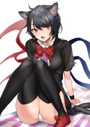 Rule 34 | 1girl, animal ears, arm support, asymmetrical wings, black hair, black thighhighs, blush, cat ears, fang, foot out of frame, highres, houjuu nue, kemonomimi mode, knees together feet apart, makita (vector1525), open mouth, red eyes, short hair, simple background, skin fang, solo, thighhighs, touhou, white background, wings