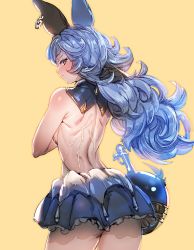 Rule 34 | 1girl, animal ears, ass, backless outfit, bare back, bare shoulders, black gloves, blue hair, blue skirt, bow (bhp), breasts, cum, cum on body, cum on upper body, earrings, erune, ferry (granblue fantasy), from behind, frown, gloves, granblue fantasy, jewelry, long hair, looking at viewer, looking back, rabbit ears, shiny skin, sideboob, simple background, single earring, skirt, small breasts, solo, standing, wavy hair, yellow background, yellow eyes