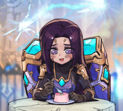 Rule 34 | 1girl, :d, alternate costume, blush, brown gloves, food, gloves, holding, holding spoon, kai&#039;sa, league of legends, long hair, long sleeves, multicolored background, open mouth, phantom ix row, plate, purple hair, smile, solo, spoon, table