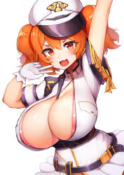 Rule 34 | 1girl, :3, absurdres, arm up, bad id, bad pixiv id, belt, blush, breasts, center opening, cerberus (last origin), cleavage, commentary request, dress, gloves, gui ss, hair between eyes, hand up, hat, highres, huge breasts, korean commentary, last origin, looking at viewer, military, military uniform, mole, mole under eye, open mouth, orange eyes, orange hair, peaked cap, shiny skin, short hair, short sleeves, simple background, solo, twintails, uniform, v, white background, white dress, white gloves, white hat