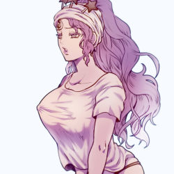 Rule 34 | 1girl, alternate costume, bad id, bad pixiv id, breasts, covered erect nipples, giga omega, jojo no kimyou na bouken, lipstick, long hair, makeup, midler, muted color, no veil, panties, ponytail, shirt, skindentation, solo, stardust crusaders, t-shirt, tight clothes, tight shirt, underwear