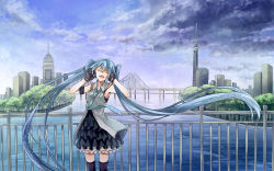 Rule 34 | 1girl, blue hair, bridge, cityscape, cloud, dress, closed eyes, floating hair, gloves, hatsune miku, long hair, nasuko, necktie, open mouth, sky, solo, thighhighs, twintails, very long hair, vocaloid, water