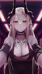 Rule 34 | 1girl, arknights, bare shoulders, black dress, blurry, blurry background, blush, breasts, ceiling light, cleavage, collar, collarbone, depth of field, detached sleeves, dress, earrings, hair ornament, highres, horns, indoors, infection monitor (arknights), jewelry, large breasts, leaning forward, looking at viewer, material growth, mudrock (arknights), mudrock (obsidian) (arknights), necklace, ochako (kemomimiochanu), official alternate costume, oripathy lesion (arknights), parted lips, pointy ears, red eyes, short sleeves, solo