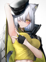 Rule 34 | 1girl, absurdres, animal ear fluff, animal ears, arknights, armpits, black gloves, black hat, blush, breasts, cat, cat tail, delphine (arknights), fingerless gloves, gloves, grey hair, hair over one eye, hat, highres, looking at viewer, medium breasts, presenting armpit, shirt, short hair, simple background, solo, spread armpit, tab head, tail, upper body, white background, yellow eyes, yellow shirt