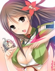 Rule 34 | &gt;:(, 10s, 1girl, amagi (kancolle), bare shoulders, blasowa, breasts, brown eyes, brown hair, cleavage cutout, clothing cutout, crop top, dutch angle, fairy (kancolle), flower, frown, hair between eyes, hair flower, hair ornament, highres, kantai collection, large breasts, long hair, midriff, mini person, minigirl, open mouth, ponytail, ryuusei (kancolle), serious, short sleeves, silver hair, smile, upper body, v-shaped eyebrows
