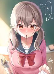 Rule 34 | 1girl, blue sailor collar, blush, board eraser, breasts, brown eyes, brown hair, chalkboard, collarbone, commentary request, food, food in mouth, hair between eyes, hamico, handkerchief, highres, holding, holding food, holding handkerchief, indoors, long hair, long sleeves, looking at viewer, low twintails, original, pink shirt, pocky, pocky day, red neckwear, sailor collar, school uniform, serafuku, shirt, sunlight, sweat, twintails