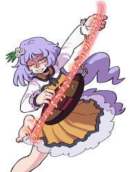 Rule 34 | 1girl, absurdres, barefoot, beamed eighth notes, biwa lute, chain, dress, eddybird55555, eighth note, flower, hair flower, hair ornament, highres, instrument, long hair, long sleeves, lute (instrument), musical note, one eye closed, purple hair, quarter note, smile, solo, touhou, treble clef, tsukumo benben, vanripper (style), very long hair, white background, white flower, white sleeves, yellow dress, yellow eyes