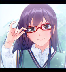 Rule 34 | adjusting eyewear, black hair, closed mouth, collared shirt, dress shirt, glasses, hand up, highres, kurono (wotochia), letterboxed, long hair, long sleeves, looking at viewer, portrait, purple hair, red-framed eyewear, shirt, smile, sparkle, straight hair, sweater vest, usami shiori, w, white shirt, world trigger