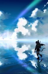 Rule 34 | 1girl, absurdres, cat, cat tail, cloud, facing away, full body, glint, highres, horizon, long sleeves, original, outdoors, ratatatat74, reflection, ripples, solo, tail, walking, walking on liquid, water, water world