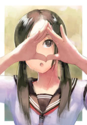 Rule 34 | 1girl, :o, arms up, black hair, brown eyes, finger frame, hand gesture, hand over one eye, head tilt, highres, looking at viewer, looking up, neckerchief, noruminn, open mouth, original, parted lips, sailor collar, school uniform, serafuku, shirt, sidelocks, solo, solo focus, twintails, white shirt