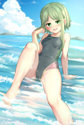 Rule 34 | 1girl, adworse, black one-piece swimsuit, blue sky, cloud, commentary request, competition swimsuit, day, green eyes, green hair, multicolored clothes, multicolored swimsuit, ocean, one-piece swimsuit, outdoors, short hair, short hair with long locks, sitting, sky, solo, swimsuit, teireida mai, touhou, water