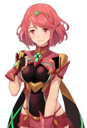 Rule 34 | 1girl, absurdres, armor, black gloves, blush, breasts, circlet, closed mouth, cowboy shot, earrings, fingerless gloves, gem, gloves, highres, honeycomb (pattern), impossible clothes, jewelry, large breasts, looking at viewer, nintendo, pointing, pointing at self, pyra (xenoblade), red eyes, red hair, red shorts, short hair, short shorts, shorts, shoulder armor, shuang ye, sidelocks, simple background, skindentation, smile, solo, swept bangs, white background, wrist guards, xenoblade chronicles (series), xenoblade chronicles 2