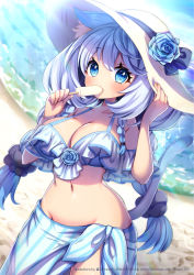 Rule 34 | 1girl, animal ear fluff, animal ears, beach, bikini, blue eyes, blue flower, blue rose, blush, breasts, cat ears, cat girl, cat tail, cleavage, collarbone, curvy, day, fang, flower, food, food in mouth, frilled bikini, frills, groin, hat, highres, holding, holding clothes, holding food, holding hat, large breasts, long hair, looking at viewer, low-tied long hair, naoto (yandereheaven), navel, ocean, original, outdoors, popsicle, rose, sand, scrunchie, short eyebrows, side slit, skin fang, solo, summer, swimsuit, tail, twitter username, water, watermark, web address, white hair, wide hips