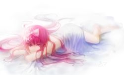 Rule 34 | 1girl, bed sheet, blanket, bow, hair bow, long hair, lying, megurine luka, naked sheet, nude, on stomach, pink eyes, pink hair, solo, urami, very long hair, vocaloid