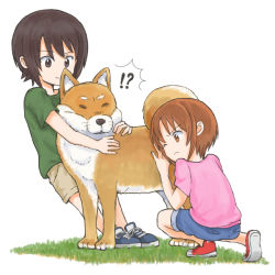 Rule 34 | !?, 2girls, aged down, blue footwear, blue shorts, brown eyes, brown hair, brown shorts, closed mouth, commentary, dog, frown, girls und panzer, grass, green shirt, multiple girls, mutsu (layergreen), nishizumi maho, nishizumi miho, one eye closed, pink shirt, pulling, pushing, red footwear, shiba inu, shirt, shoes, short hair, short sleeves, shorts, siblings, sisters, smile, sneakers, squatting, standing, straight-laced footwear, t-shirt, white background