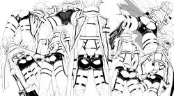 Rule 34 | 10s, 1girl, ass, back, bent over, butt crack, character sheet, greyscale, gun, iwamoto eiri, jacket, looking at viewer, lying, monochrome, multiple views, on stomach, rifle, scarf, shorts, simple background, sinon, sniper rifle, sword art online, thighhighs, weapon, white background