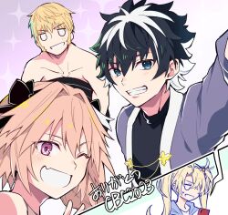 Rule 34 | 1girl, 3boys, astolfo (fate), black hair, black shirt, blank eyes, blonde hair, blue eyes, bradamante (fate), braid, cellphone, charlemagne (fate), collarbone, cousins, crown braid, dartboard, fang, fate/grand order, fate (series), grey jacket, grin, hair between eyes, hair intakes, highres, holding, holding phone, jacket, kotoko902, light blush, long hair, multicolored hair, multiple boys, muscular, muscular male, nude, one eye closed, open mouth, phone, pink hair, purple eyes, roland (fate), selfie, shirt, short hair, single braid, skin fang, smartphone, smile, sparkle background, streaked hair, sweatdrop, trap, twintails, two-tone hair, v, v-shaped eyebrows, white hair, white mouth