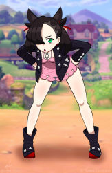 Rule 34 | bent over, black hair, boots, creatures (company), dress, earrings, game freak, game screenshot background, green eyes, hair over one eye, hair ribbon, hands on own hips, highres, jacket, jewelry, junk food king, leather, leather jacket, looking at viewer, marnie (pokemon), necklace, nintendo, nintendo switch, pokemon, pokemon swsh, ribbon