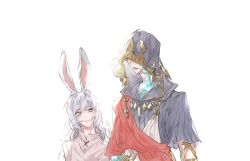 Rule 34 | 1boy, 1girl, :d, animal ears, child, closed mouth, crystal exarch, final fantasy, final fantasy xiv, g&#039;raha tia, grey shirt, hood, hood up, hooded robe, long hair, looking at another, lyna (ff14), open mouth, purple eyes, rabbit ears, robe, shirt, simple background, smile, tladpwl03, viera, white background, white hair