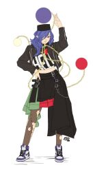 Rule 34 | 1girl, absurdres, adapted costume, asymmetrical hair, belt, black headwear, black jacket, black shirt, blue hair, chain, closed mouth, commentary, full body, hecatia lapislazuli, hecatia lapislazuli (earth), highres, jacket, looking at viewer, medium hair, multicolored clothes, multicolored skirt, pantyhose, pointy ears, shirt, shoes, simple background, skirt, sneakers, solo, standing, torn clothes, torn pantyhose, touhou, ultragruntyy, white background