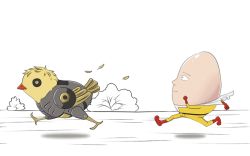 Rule 34 | 2boys, animated, animated gif, bald, bird, black sclera, chicken, colored sclera, egg, genos, multiple boys, one-punch man, running, saitama (one-punch man)