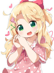 Rule 34 | 1girl, :d, blonde hair, blush, bow, collarbone, commentary request, dress, green eyes, hair bow, hair ornament, hands up, heart, highres, himesaka noa, looking at viewer, makuran, open mouth, own hands together, parted bangs, pink dress, polka dot, polka dot dress, ponytail, red bow, short eyebrows, short sleeves, simple background, smile, solo, thick eyebrows, watashi ni tenshi ga maiorita!, white background, x hair ornament