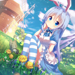 Rule 34 | 1girl, alice (alice in wonderland), alice (alice in wonderland) (cosplay), alice in wonderland, animal ears, apron, bad id, bad pixiv id, blue bow, blue bowtie, blue dress, blue eyes, blue footwear, blue hair, blue sky, blurry, blush, bow, bowtie, breasts, bug, butterfly, cherry blossoms, closed mouth, cloud, collar, cosplay, dandelion, day, depth of field, dress, dutch angle, fake animal ears, flower, frilled dress, frills, full body, gochuumon wa usagi desu ka?, grass, hair between eyes, hairband, hand on own cheek, hand on own face, highres, insect, kafuu chino, long hair, looking at viewer, mary janes, mokachino, outdoors, petals, puffy short sleeves, puffy sleeves, rabbit ears, shoes, short sleeves, sidelocks, signature, sky, small breasts, smile, solo, squatting, striped bow, striped bowtie, striped clothes, striped neckwear, striped thighhighs, thighhighs, tree, upskirt, white apron, windmill