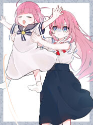 Rule 34 | 2girls, black skirt, blue eyes, bocchi the rock!, closed eyes, commentary request, cube hair ornament, dress, gotoh futari, gotoh hitori, hair ornament, highres, lifting person, long hair, multiple girls, one side up, open mouth, outstretched arms, pink hair, qu momoo, sailor collar, sailor dress, shirt, short sleeves, siblings, sisters, skirt, socks, spread arms, trembling, two side up, white background, white dress, white shirt, white socks