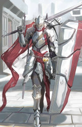 Rule 34 | 1other, absurdres, armor, bakapo, bow (weapon), cape, chest armor, covered face, crossbow, full armor, gauntlets, greatsword, greaves, helmet, highres, holding, holding sword, holding weapon, knight, original, over shoulder, shield, sword, sword over shoulder, weapon, weapon over shoulder