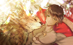 Rule 34 | 1boy, abs, ahoge, bare pectorals, brown hair, cat, earrings, fate/grand order, fate (series), head on chest, jewelry, modern afro, necklace, ozymandias (fate), pectorals, short hair, smile, yellow eyes