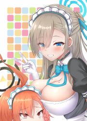 Rule 34 | 2girls, ahoge, alternate costume, anger vein, angry, asuna (blue archive), black halo, black shirt, blue archive, blue bow, blue bowtie, blue halo, blush, bow, bowtie, braid, breast press, breasts, cleaning &amp; clearing (blue archive), cleavage, close-up, commentary request, enmaided, eyelashes, eyes visible through hair, face to breasts, gloves, grin, hair bun, hair over one eye, halo, hand up, happy, height difference, highres, hood, hood up, huge ahoge, large breasts, light brown hair, long bangs, long hair, looking at another, looking at viewer, looking up, maid, maid headdress, mole, mole on breast, mole under eye, multiple girls, neru (blue archive), orange hair, piyobomu, puffy short sleeves, puffy sleeves, raised eyebrows, shaded face, shirt, short sleeves, simple background, single braid, single hair bun, smile, tsurime, upper body, upturned eyes, v, white gloves