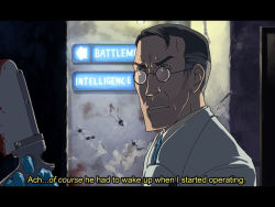 Rule 34 | 1boy, animification, blu medic (tf2), blue eyes, blue necktie, bonesaw, face, fake screenshot, fenomena, glasses, letterboxed, male focus, medic (tf2), necktie, saw, solo, subtitled, team fortress 2