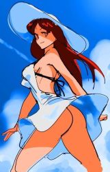Rule 34 | 1girl, ass, blush, breasts, brown hair, day, dress, hat, long hair, looking back, no panties, red hair, revealing clothes, sky, solo, suggestive, sun hat, sundress, watatanza, wind, wind lift