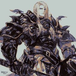 Rule 34 | 1boy, armor, artist name, belt, blonde hair, blue eyes, breastplate, commentary, cowboy shot, dated, faulds, final fantasy, final fantasy xiv, frown, garlean, gauntlets, grey background, holding, holding sword, holding weapon, katana, limited palette, long hair, looking at viewer, male focus, pauldrons, shoulder armor, signature, simple background, solo, standing, straight hair, sword, third eye, uroko (mnr), weapon, zenos yae galvus