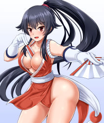 Rule 34 | 1girl, alternate costume, black hair, blush, bouncing breasts, breasts, cleavage, fatal fury, folded fan, folding fan, gloves, gradient background, hand fan, high ponytail, highres, japanese clothes, kantai collection, large breasts, long hair, ninja, open mouth, ponytail, red eyes, revealing clothes, shiranui mai, sideboob, solo, street fighter, the king of fighters, white gloves, yahagi (kancolle), zanntetu