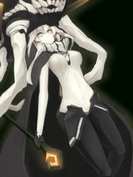 Rule 34 | 10s, 1girl, abyssal ship, bad id, bad pixiv id, black background, bodysuit, breasts, cape, expressionless, gloves, glowing, hand on own hip, hat, highres, holding, kantai collection, large breasts, long hair, looking at viewer, mikoto (oi plus), monster, pale skin, personification, signature, silver hair, simple background, solo, staff, wo-class aircraft carrier, yellow eyes