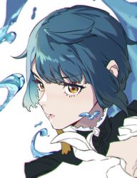 Rule 34 | 1boy, blue hair, close-up, earrings, frilled shirt collar, frills, genshin impact, highres, honlo, jewelry, looking at viewer, male focus, open mouth, short hair, simple background, single earring, solo, tassel, tassel earrings, trap, water, white background, xingqiu (genshin impact), yellow eyes