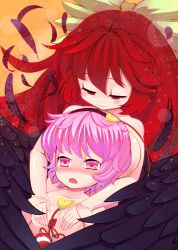 Rule 34 | 2girls, absurdres, black wings, blush, grabbing another&#039;s breast, breast pillow, breasts, female focus, grabbing, hairband, hamaburicchi, hands on breasts, highres, komeiji satori, large breasts, looking down, multiple girls, nude, open mouth, pink eyes, pink hair, red eyes, red hair, reiuji utsuho, short hair, small breasts, smile, touhou, wing cover, wing hug, wings, yuri