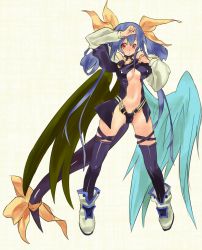 Rule 34 | 1girl, arc system works, asymmetrical wings, bad id, bad pixiv id, bare shoulders, blue hair, blush, boots, bow, choker, dizzy (guilty gear), guilty gear, hair bow, kalufuns, karufansu, legs, long hair, navel, red eyes, ribbon, solo, tail, tail ornament, tail ribbon, thighhighs, very long hair, wings