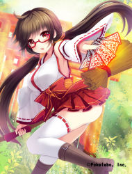Rule 34 | 1girl, arch, armpits, boots, breasts, broom, brown hair, buckle, bush, detached sleeves, folding fan, glasses, grass, hand fan, highres, japanese clothes, juke, knee boots, large breasts, leg up, looking at viewer, low twintails, miko, nontraditional miko, ofuda, original, plant, red-framed eyewear, red eyes, ribbon-trimmed legwear, ribbon trim, semi-rimless eyewear, skirt, standing, standing on one leg, thighhighs, torii, tree, twintails, under-rim eyewear, white thighhighs